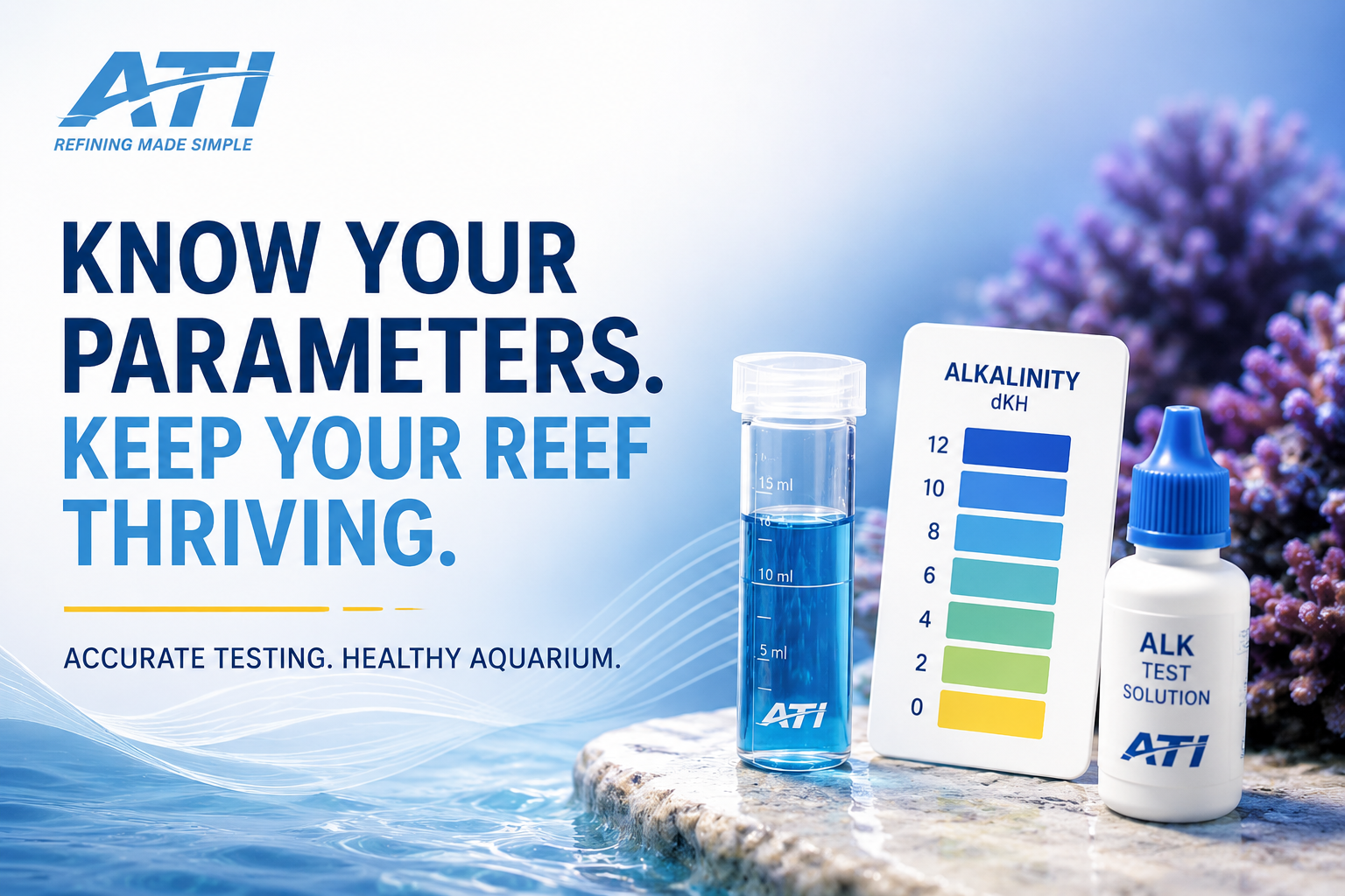 ATI reef aquarium testing banner featuring an alkalinity test vial, color chart, and test solution beside coral reef imagery with the text ‘Know Your Parameters. Keep Your Reef Thriving.