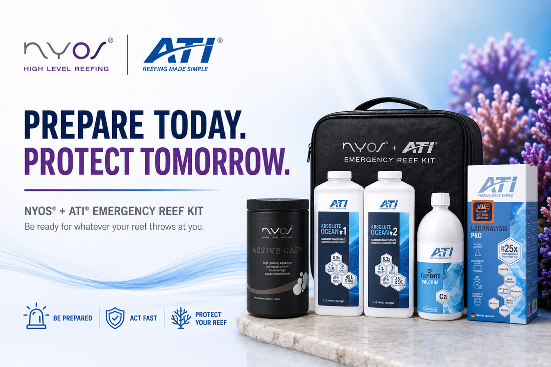 NYOS and ATI emergency reef kit banner featuring Active Carb, ATI Absolute Ocean, ICP Elements Calcium, and ATI Lab Analysis Pro products beside a branded emergency kit bag with the text ‘Prepare Today. Protect Tomorrow.