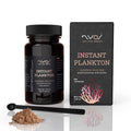 Nvos Instant Plankton supplement with packaging and spoonful of powder on a white background