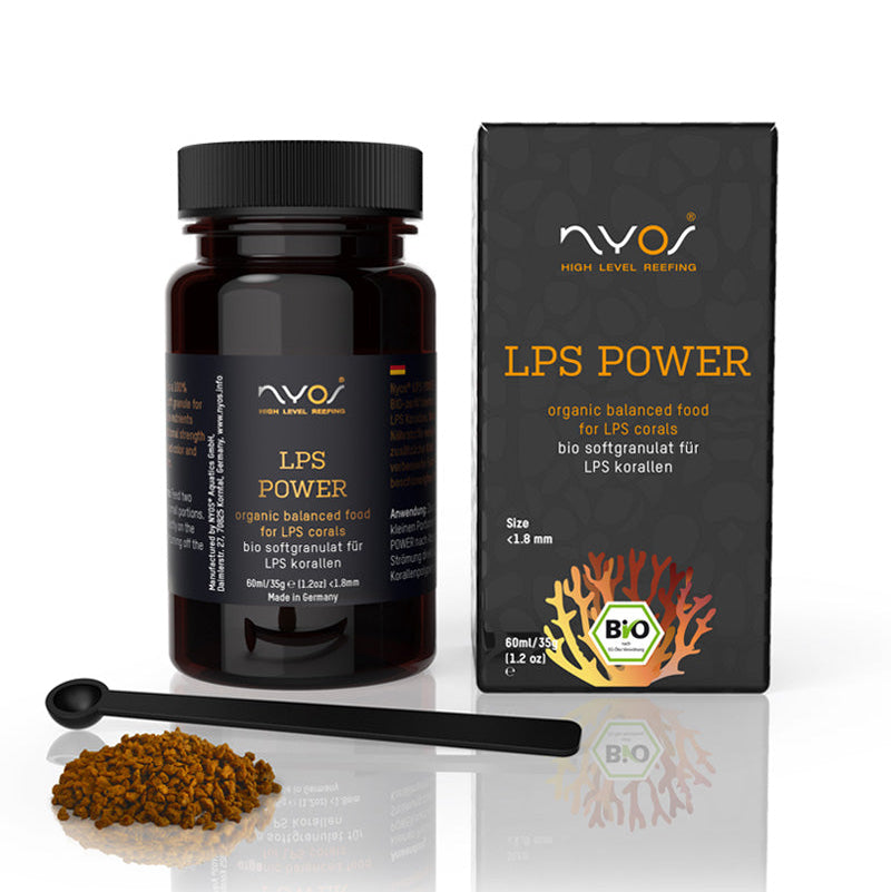NVOS LPS Power supplement bottle, packaging, and spoon with coral on a white background